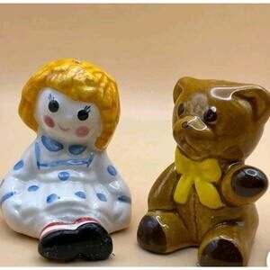 Vintage 70s Avon Raggedy Ann And Teddy Bear Salt And Pepper Shakers.
